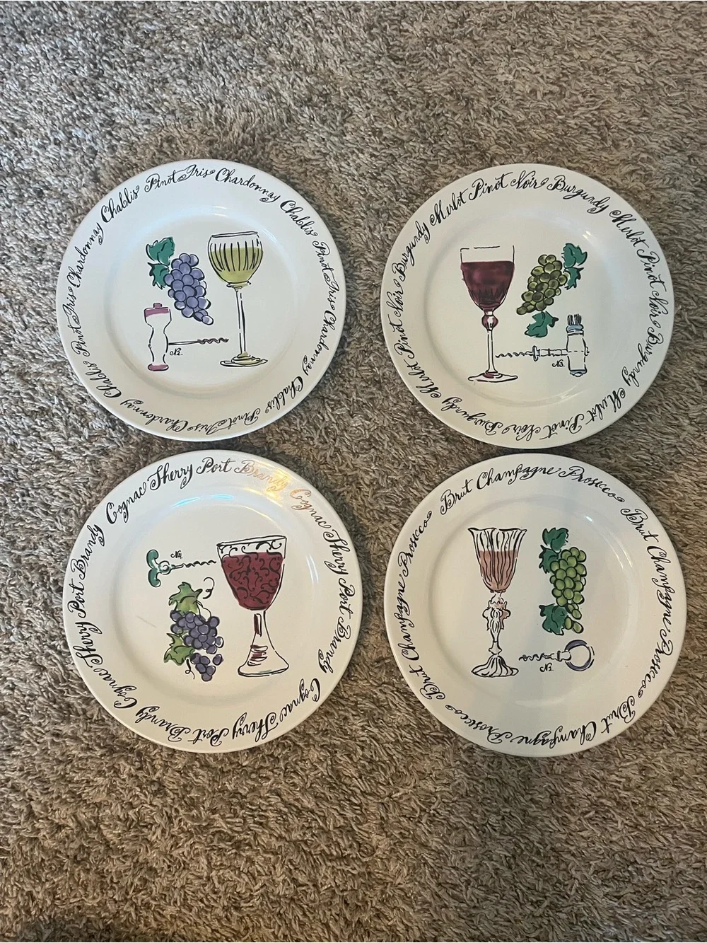 Decorative Wine Glass Plate Set - White with Multicolor Designs with plate holde